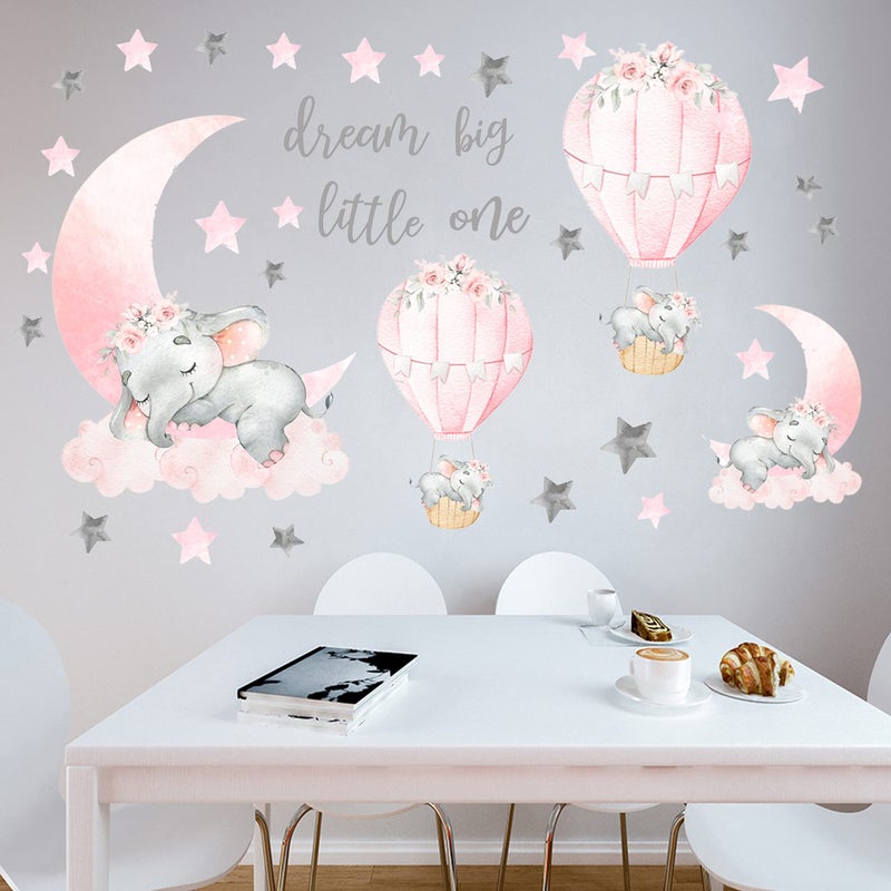 WEWINLE Dream Big Little One Elephant Wall Stickers, Pink Moon Hot Air Balloon Grey Stars Wall Decals for Nursery Kids Room Living Room Bedroom Decorations Home Decor - Image 5